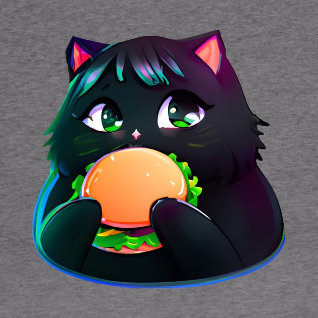 Black Fat cat eating burger by Meowsiful